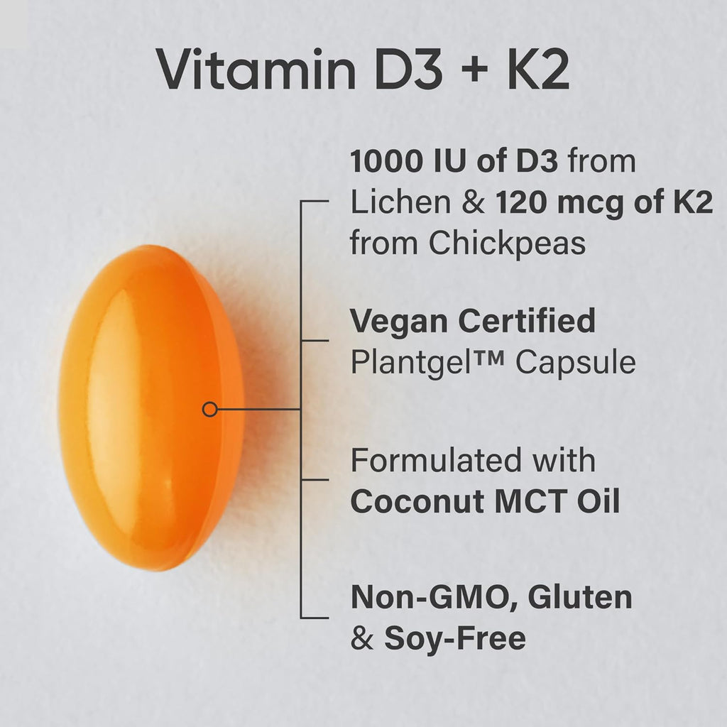 Vitamin D3 + K2 with 1000Iu of Plant-Based D3 & 120Mcg of Vitamin K2 as MK-7 Non-Gmo Verified & Vegan Certified,Softgel (60Ct)