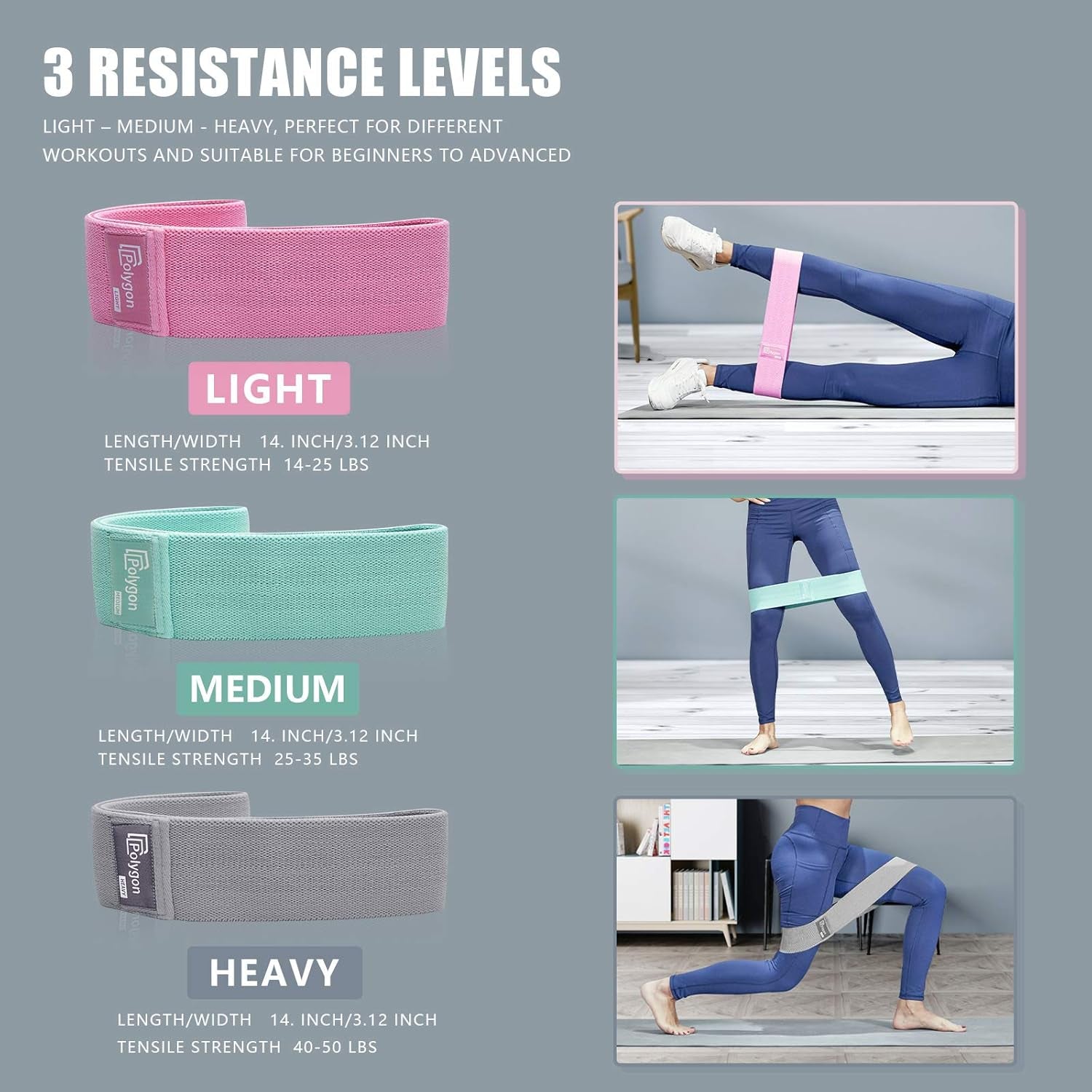 Resistance Exercise Bands,  Fabric Non Slip Hip Bands for Squats, Legs, Butt, Thigh and Hip Workout, Thick Wide Fitness Loop for Men & Women. Workout Guide Included (Set of 3)