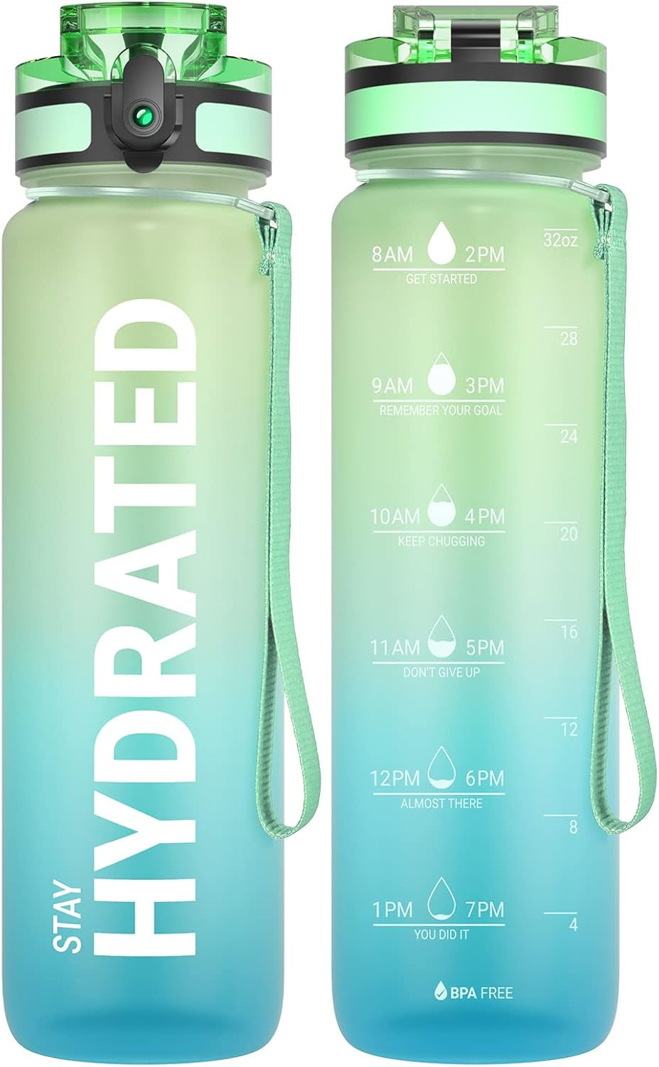 Water Bottle, 32Oz Motivational Sports Water Bottle with Time Marker - Times to Drink - Tritan, BPA Free, Wide Mouth Leakproof, Fast Flow Technology with Clean Brush (1 Bottle)