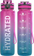 Water Bottle, 32Oz Motivational Sports Water Bottle with Time Marker - Times to Drink - Tritan, BPA Free, Wide Mouth Leakproof, Fast Flow Technology with Clean Brush (1 Bottle)
