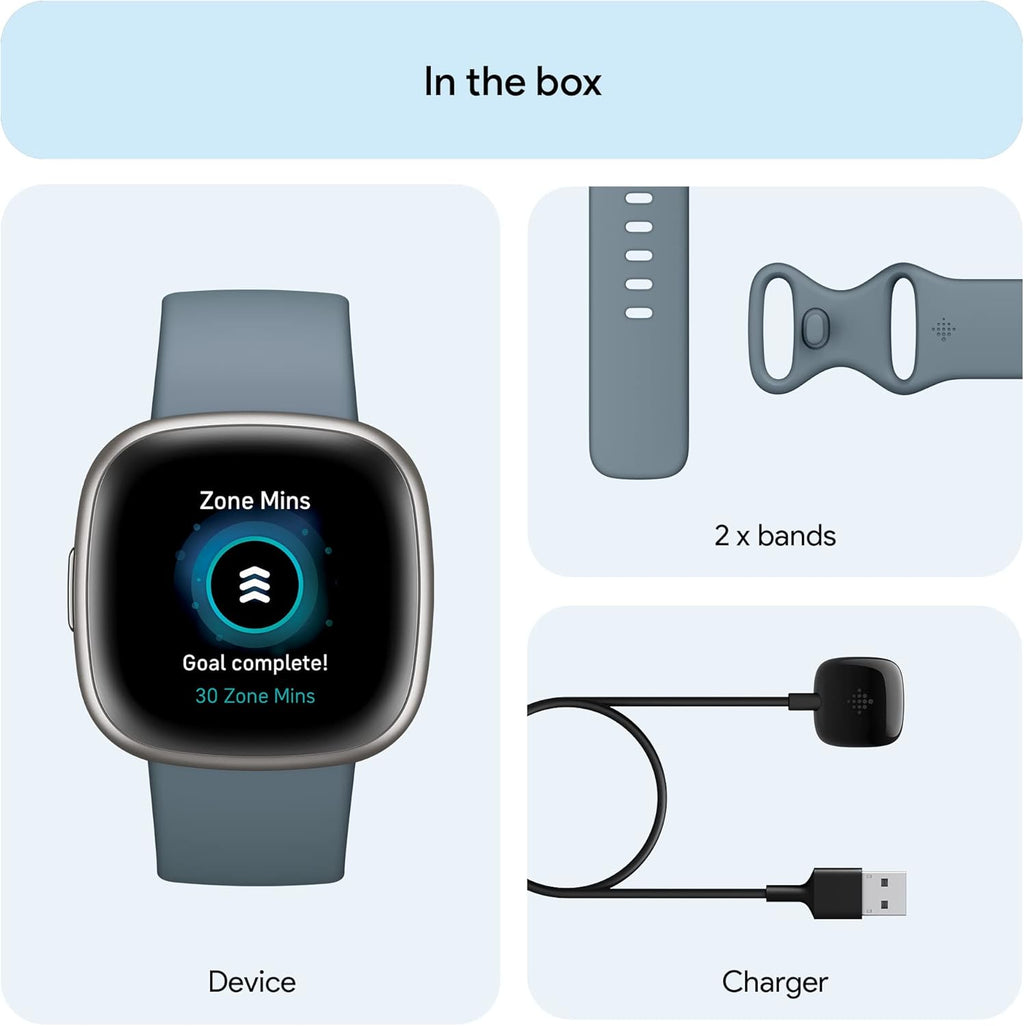 Google  Versa 4 Fitness Smartwatch with Daily Readiness, Gps, 24/7 Heart Rate, 40+ Exercise Modes, Sleep Tracking and More, Waterfall Blue/Platinum, One Size (S and L Bands Included)