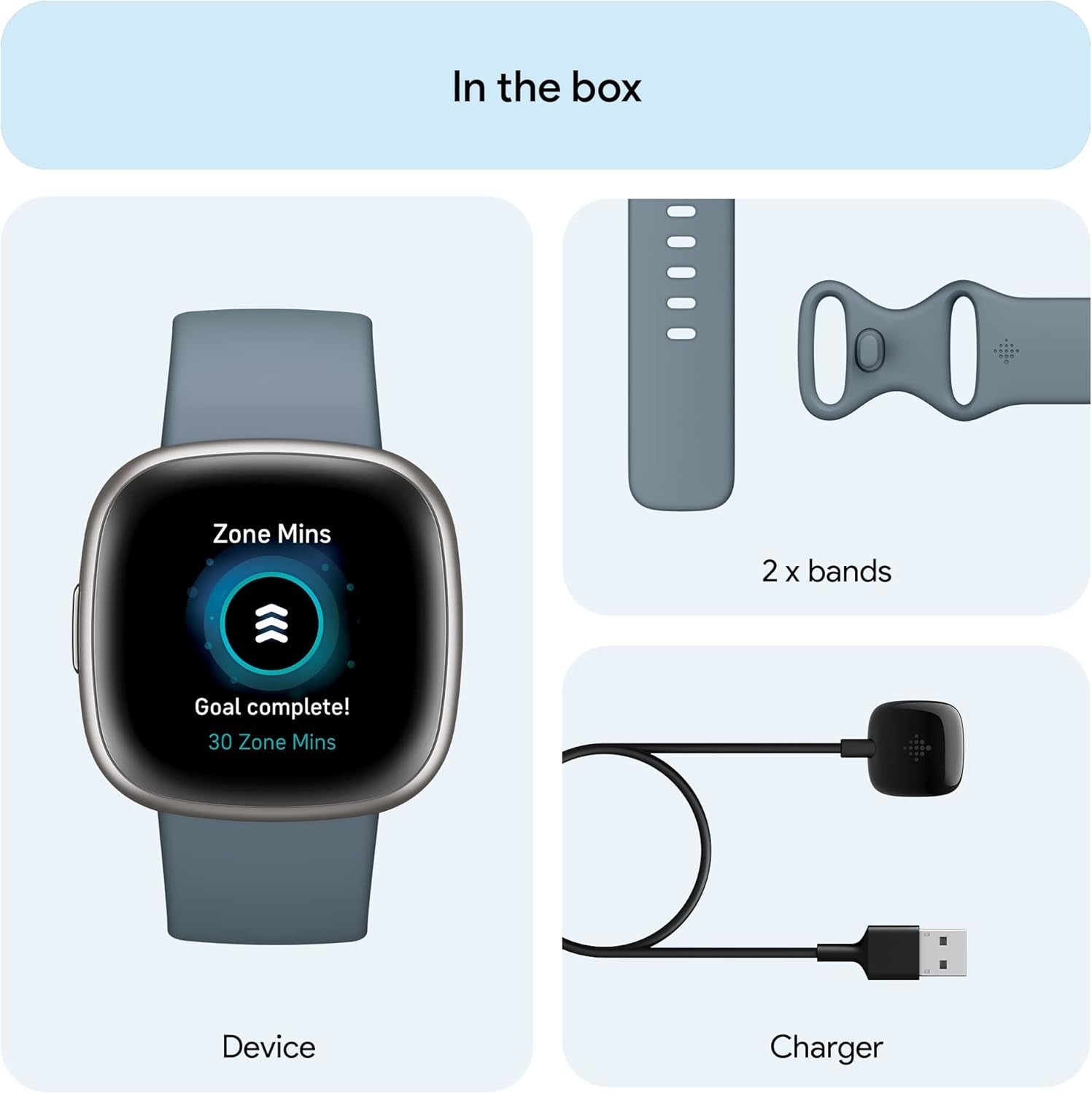 Google  Versa 4 Fitness Smartwatch with Daily Readiness, Gps, 24/7 Heart Rate, 40+ Exercise Modes, Sleep Tracking and More, Waterfall Blue/Platinum, One Size (S and L Bands Included)