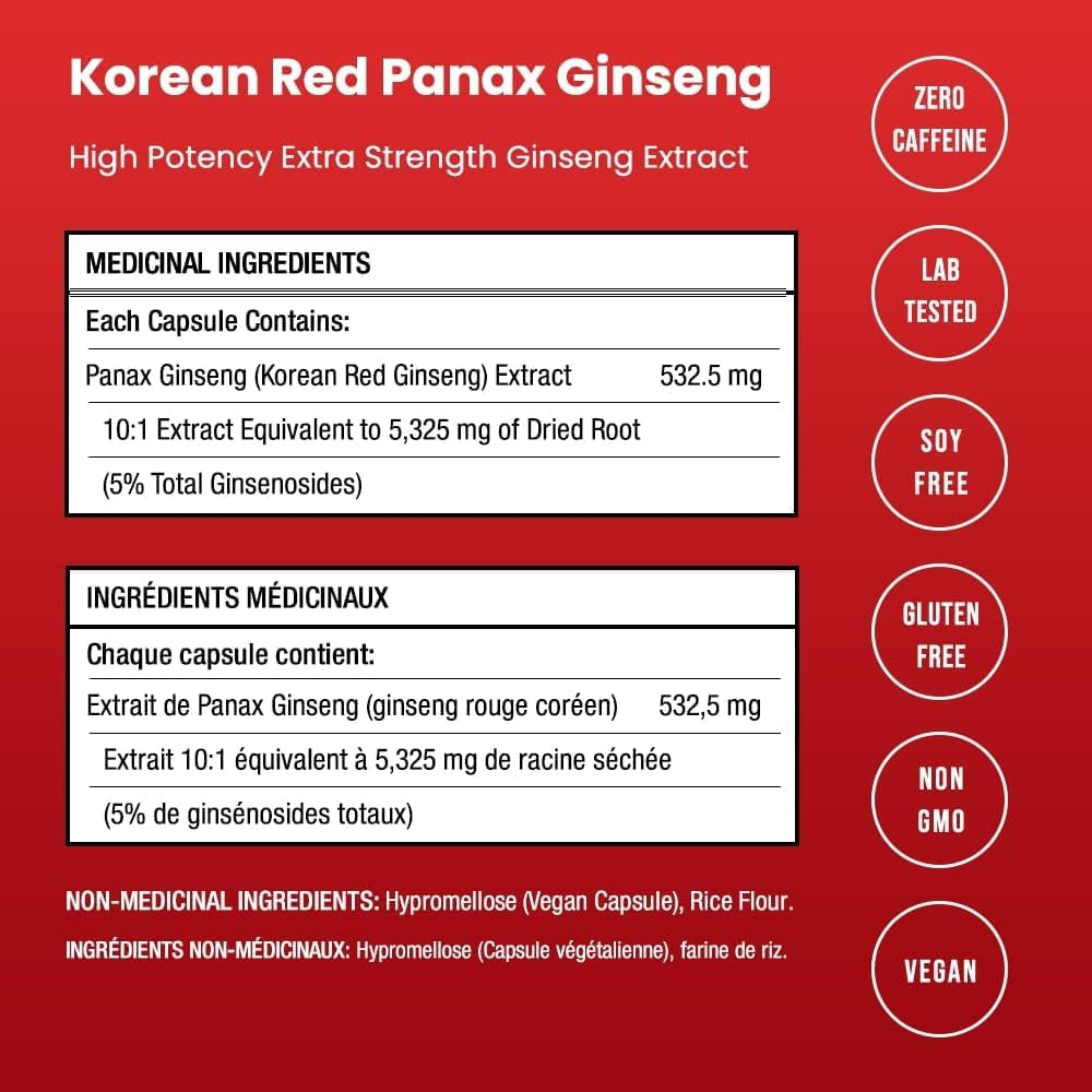 Korean Red Panax Ginseng 5325Mg per Serving | 10:1 Ginseng Root Extract with 5% Ginsenosides for Energy, Focus & Performance | Ginseng Supplement with Korean Panax Ginseng Capsules | Vegan & Non-Gmo | 120 Capsules