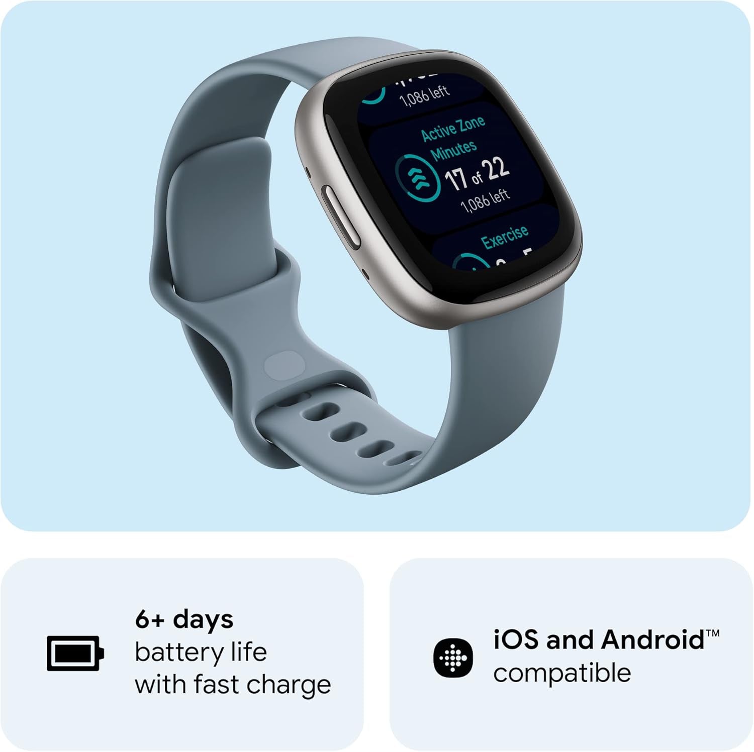Google  Versa 4 Fitness Smartwatch with Daily Readiness, Gps, 24/7 Heart Rate, 40+ Exercise Modes, Sleep Tracking and More, Waterfall Blue/Platinum, One Size (S and L Bands Included)