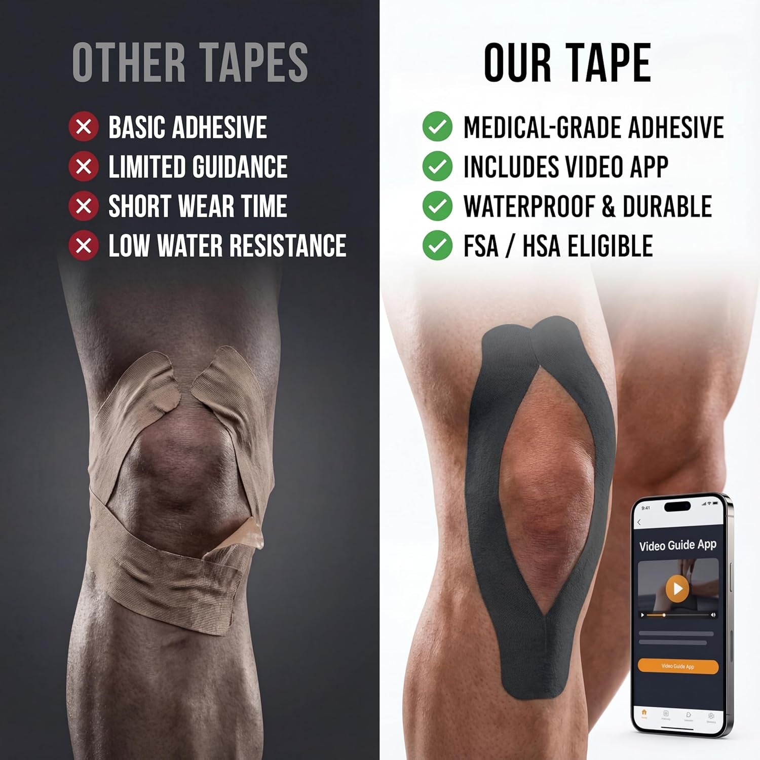 Kinesiology Tape-Incredible Support for Athletic Sports and Recovery+Free Taping Guide - Uncut 2 Inch 16.4 Feet Roll (Midnight Black + Free Taping Guide, Pack of 1)