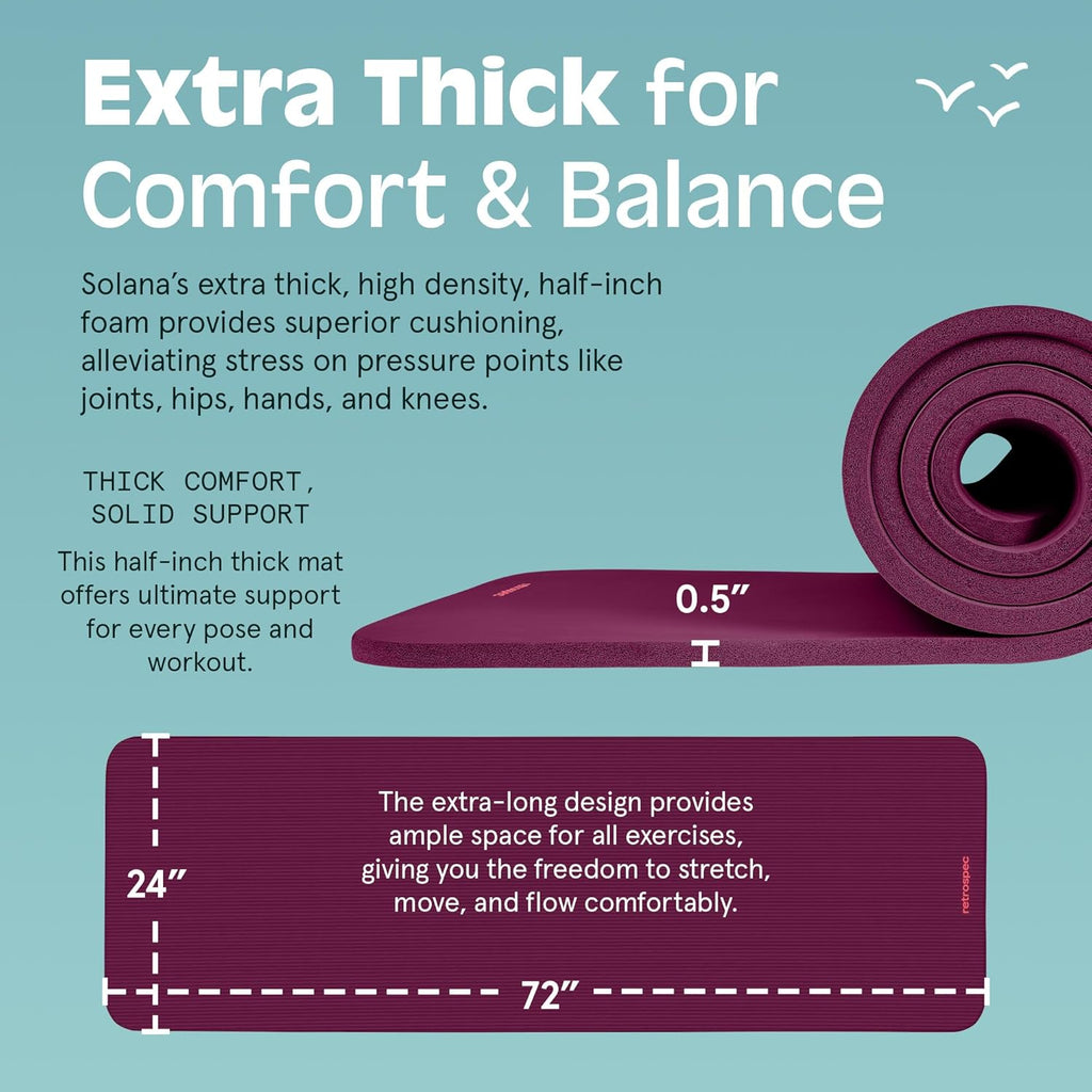 Solana Yoga Mat 1/2" Thick W/Nylon Strap for Men & Women - Non Slip Excercise Mat for Yoga, Pilates, Stretching, Floor & Fitness Workouts