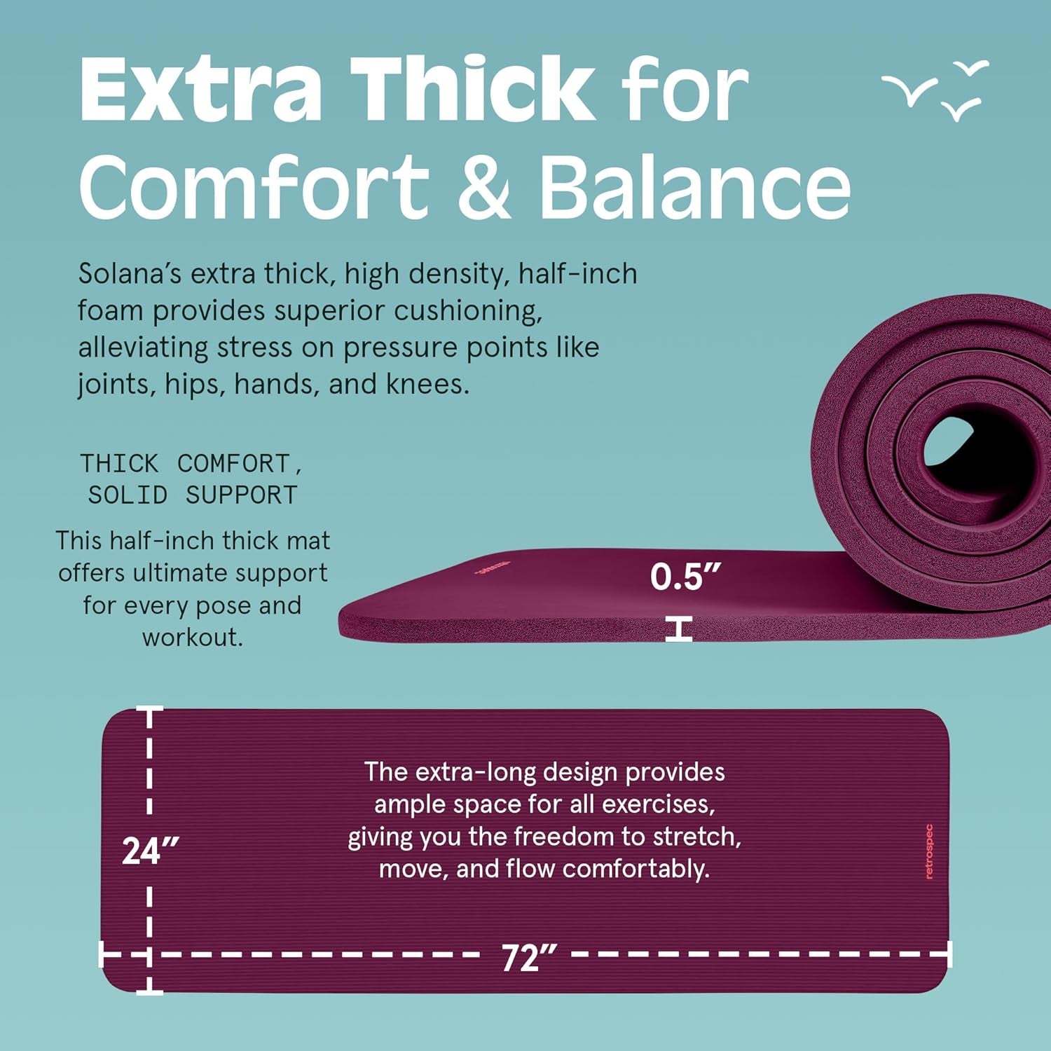 Solana Yoga Mat 1/2" Thick W/Nylon Strap for Men & Women - Non Slip Excercise Mat for Yoga, Pilates, Stretching, Floor & Fitness Workouts