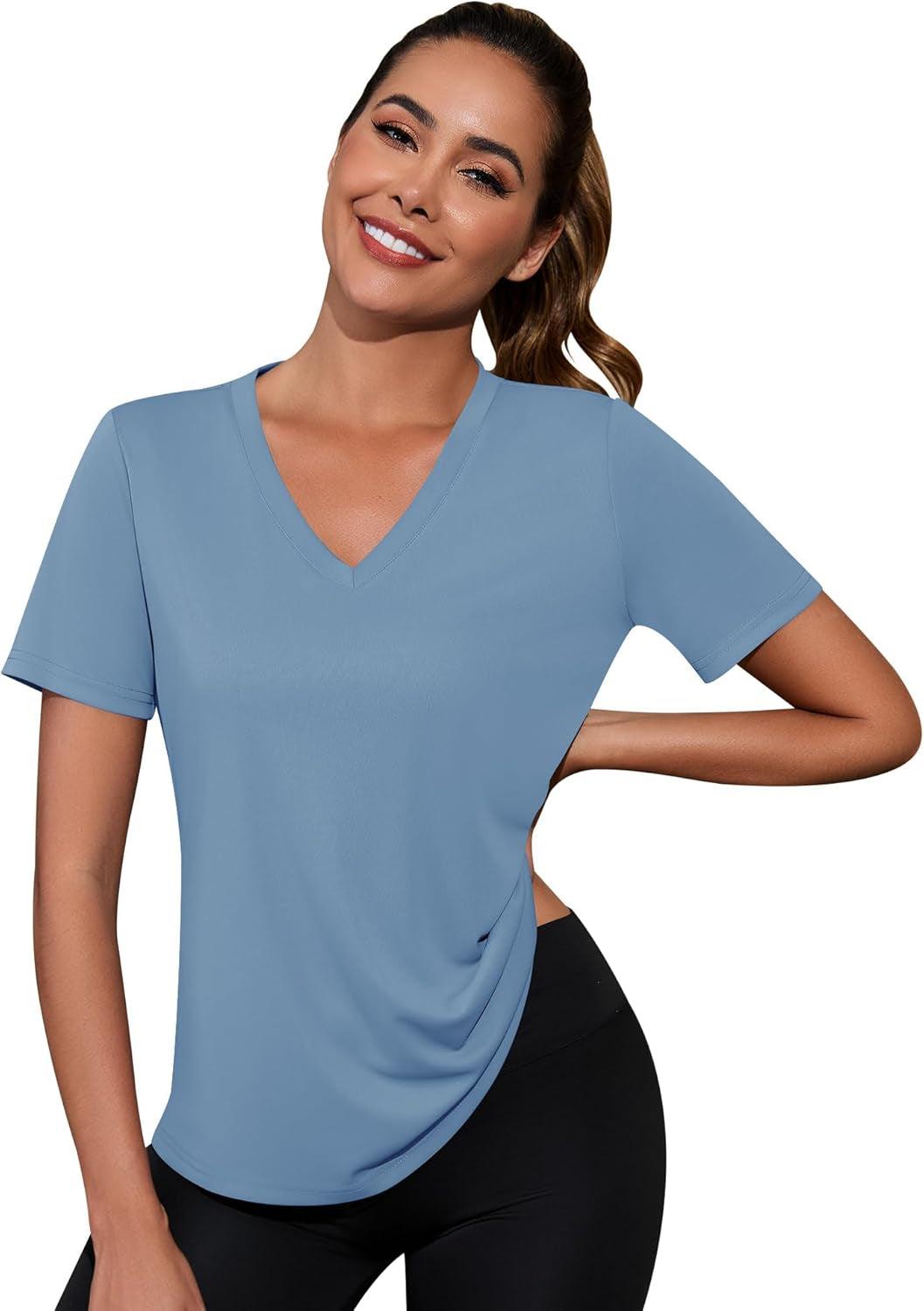Workout Tops for Women Breathable V Neck Yoga T Shirts Trending Beach Casual Loose Fit Tee Running