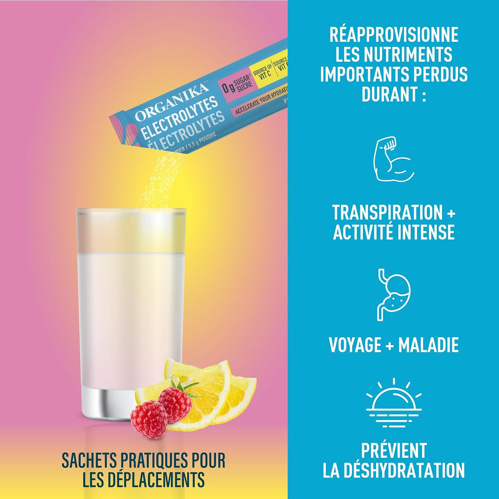 Canadian-Made Electrolytes Powder- Pink Lemonade Sachets- on the Go Sugar Free Hydration and Electrolyte Replenishment with Prebiotics and Vitamin C 3.5G X 20Ct