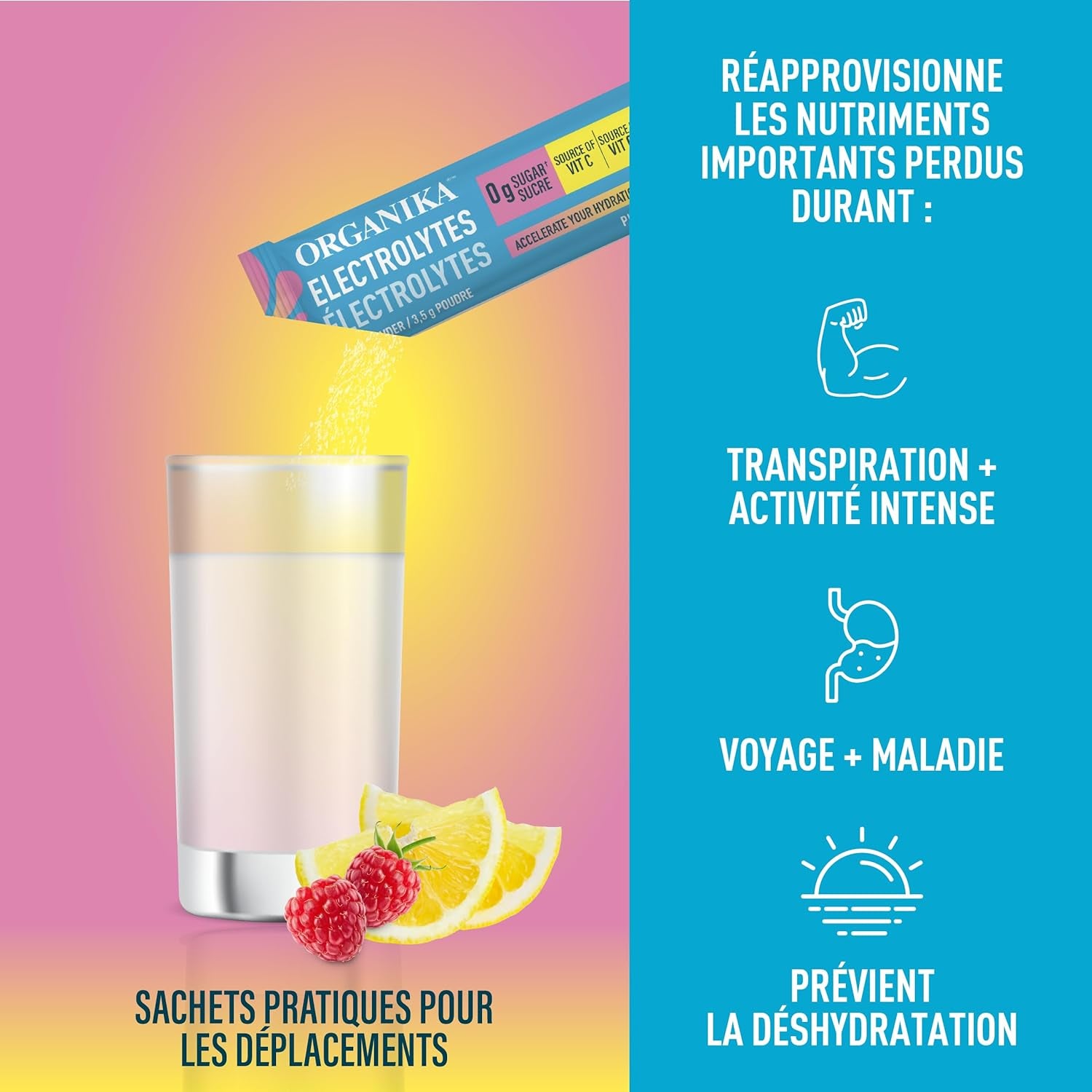 Canadian-Made Electrolytes Powder- Pink Lemonade Sachets- on the Go Sugar Free Hydration and Electrolyte Replenishment with Prebiotics and Vitamin C 3.5G X 20Ct