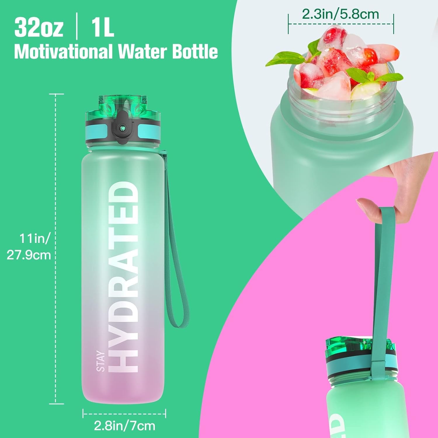 Water Bottle, 32Oz Motivational Sports Water Bottle with Time Marker - Times to Drink - Tritan, BPA Free, Wide Mouth Leakproof, Fast Flow Technology with Clean Brush (1 Bottle)