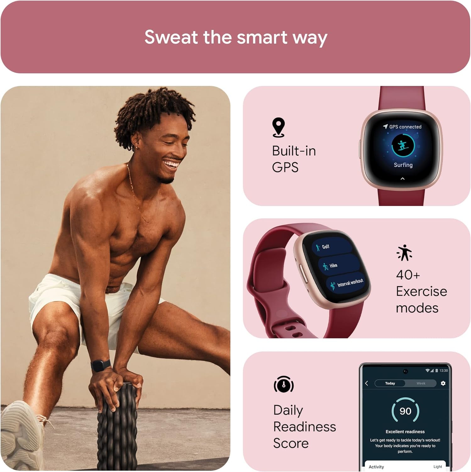 Google  Versa 4 Fitness Smart Watch for Men and Women with Daily Readiness,Gps,24/7Heart Rate,40+ Exercise Modes,Sleep Tracking and More, Beet Juice/Copper Rose,One Size (S and L Bands Included)