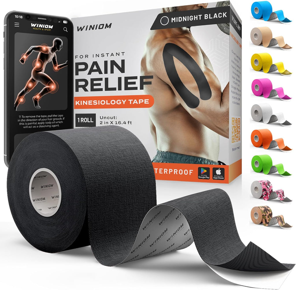 Kinesiology Tape-Incredible Support for Athletic Sports and Recovery+Free Taping Guide - Uncut 2 Inch 16.4 Feet Roll (Midnight Black + Free Taping Guide, Pack of 1)