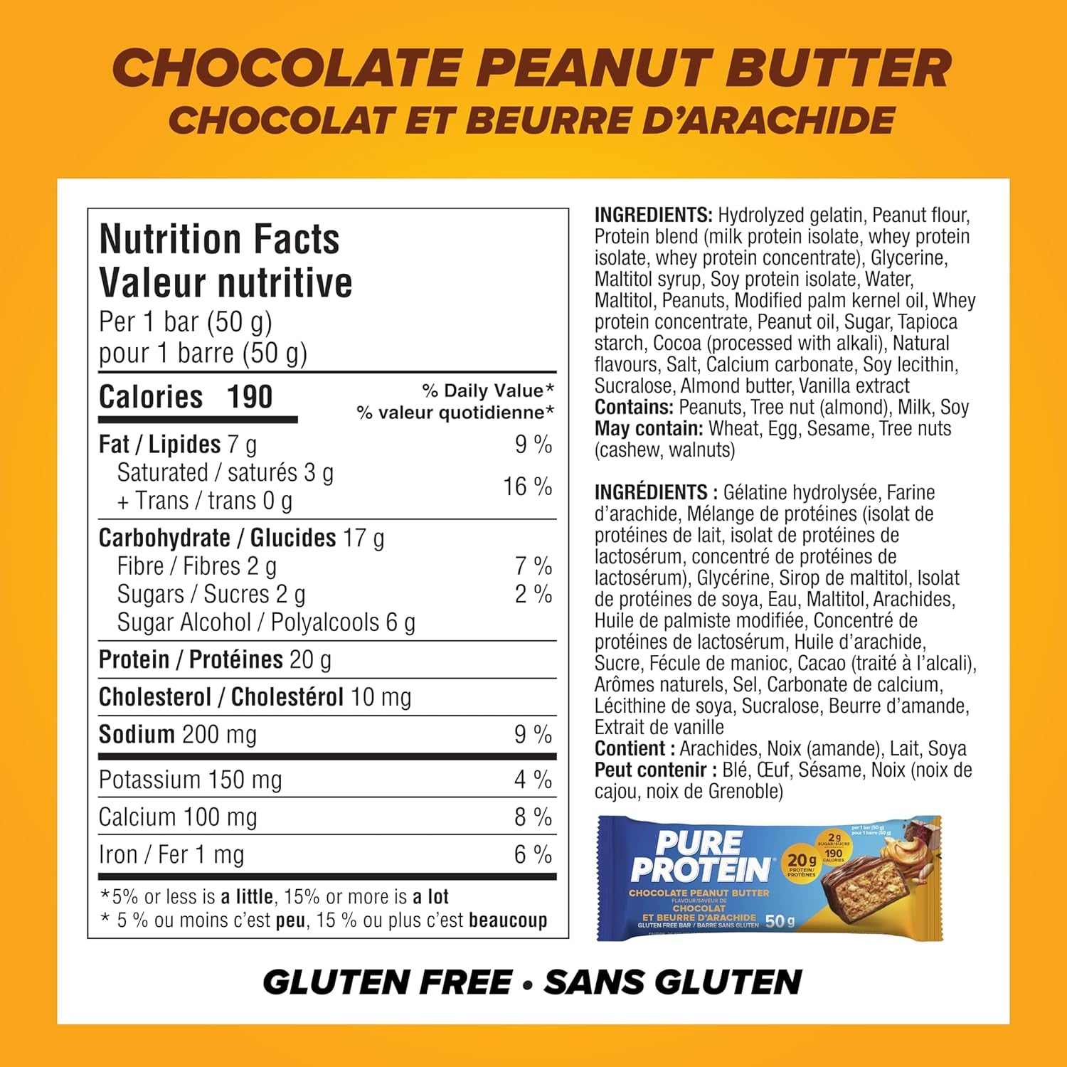 Bars - Nutritious, Gluten Free Bar, Made with Whey Protein Blend - Low Sugar Snack. Deliciously Satisfying. Made in Canada, Chocolate Peanut Butter (Pack of 6)