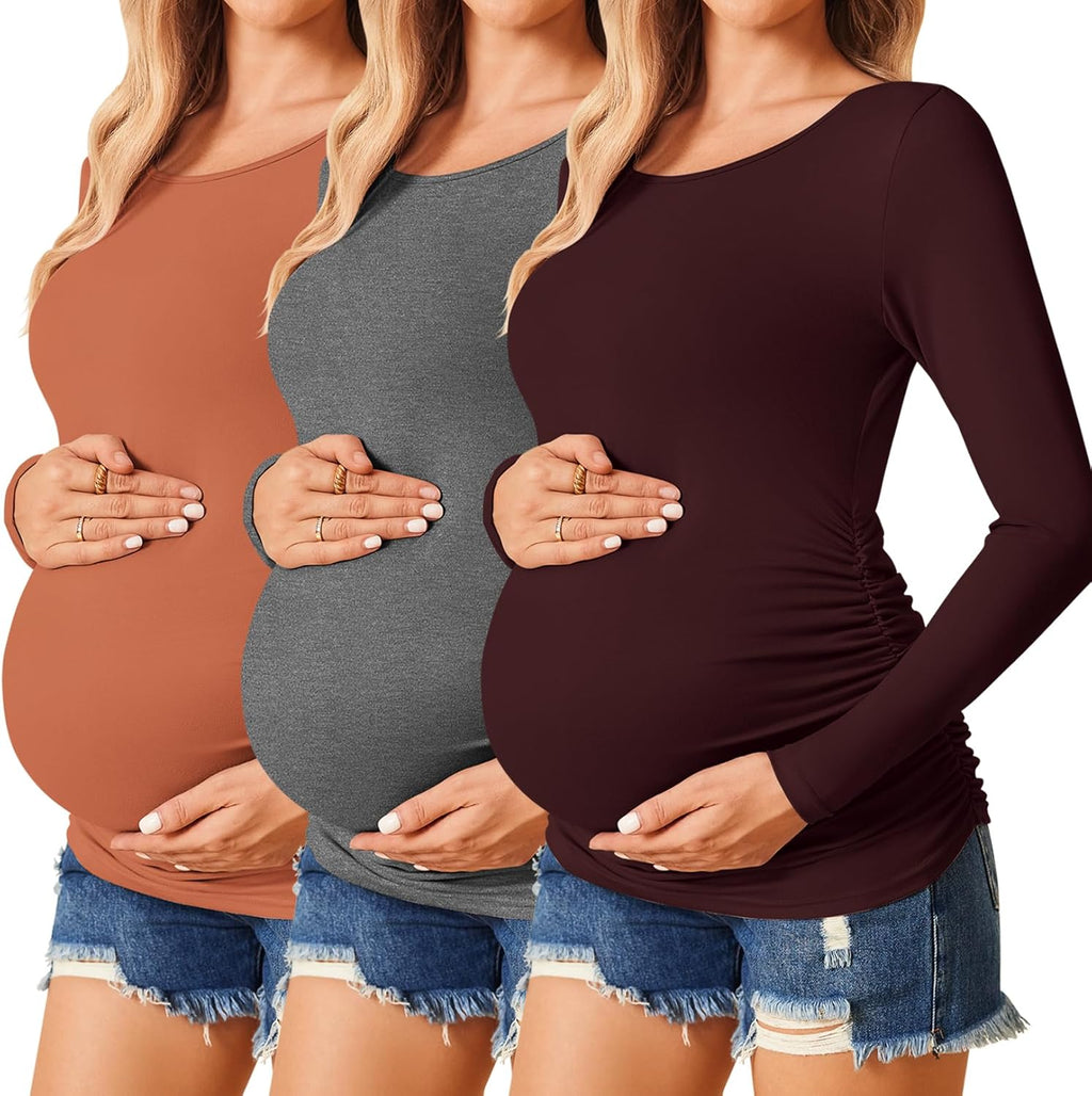 Womens Maternity Shirts Long Sleeve Pregnancy Tee Top Tunic Blouse 3 Packs Maternity Clothes