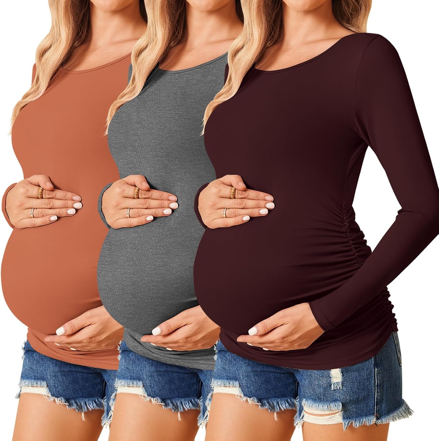 Womens Maternity Shirts Long Sleeve Pregnancy Tee Top Tunic Blouse 3 Packs Maternity Clothes
