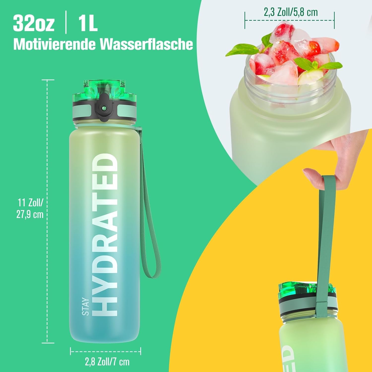 Water Bottle, 32Oz Motivational Sports Water Bottle with Time Marker - Times to Drink - Tritan, BPA Free, Wide Mouth Leakproof, Fast Flow Technology with Clean Brush (1 Bottle)