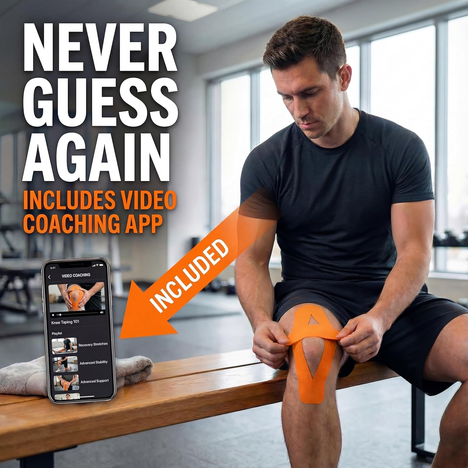Kinesiology Tape-Incredible Support for Athletic Sports and Recovery+Free Taping Guide - Uncut 2 Inch 16.4 Feet Roll (Tiger Orange + Free Taping Guide, Pack of 1)