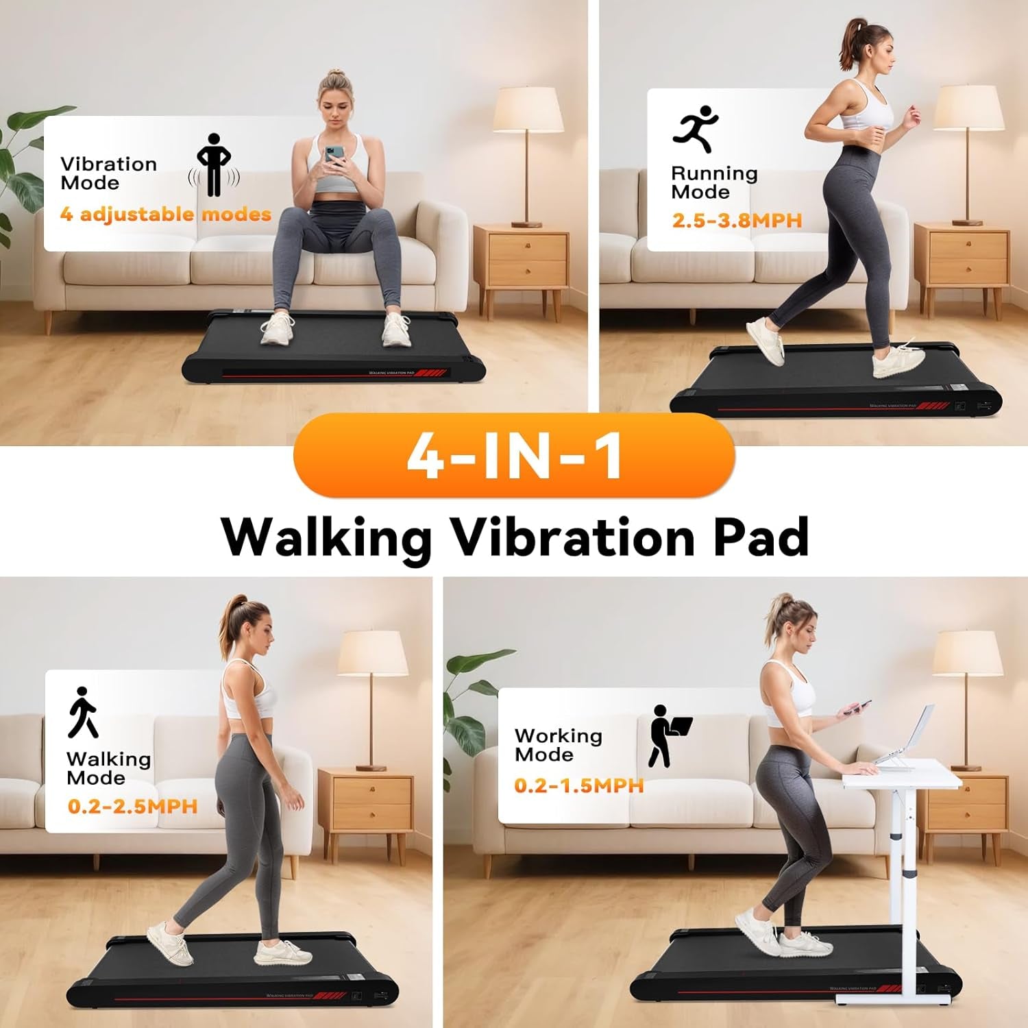 4 in 1 Walking Vibration Pad Treadmill, Walking Treadmill Pad for Home with Remote Control and APP