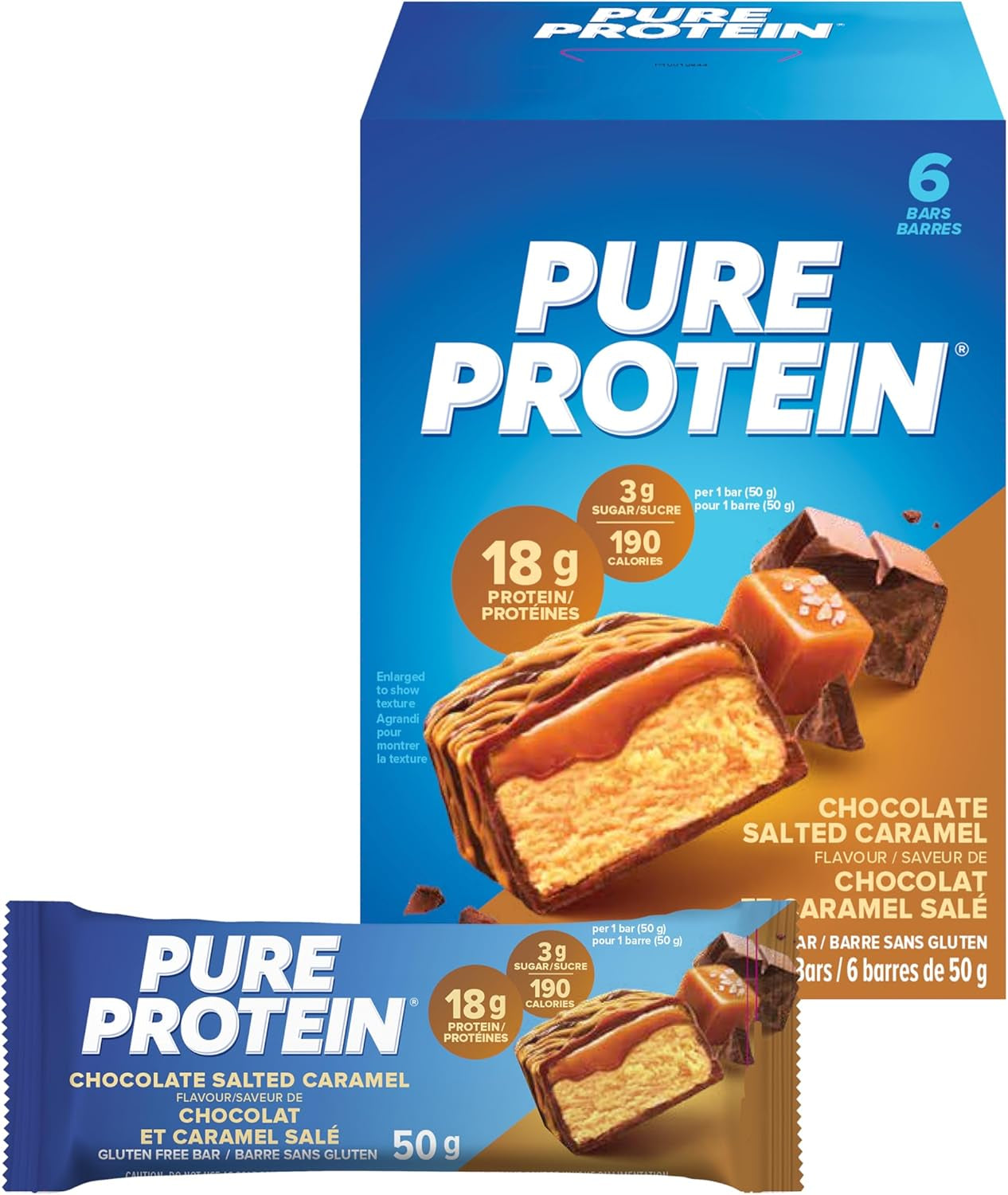 Bars - Nutritious, Gluten Free Bar, Made with Whey Protein Blend - Low Sugar, Protein Snack. Deliciously Satisfying. Made in Canada, Chocolate Salted Caramel (Pack of 6)