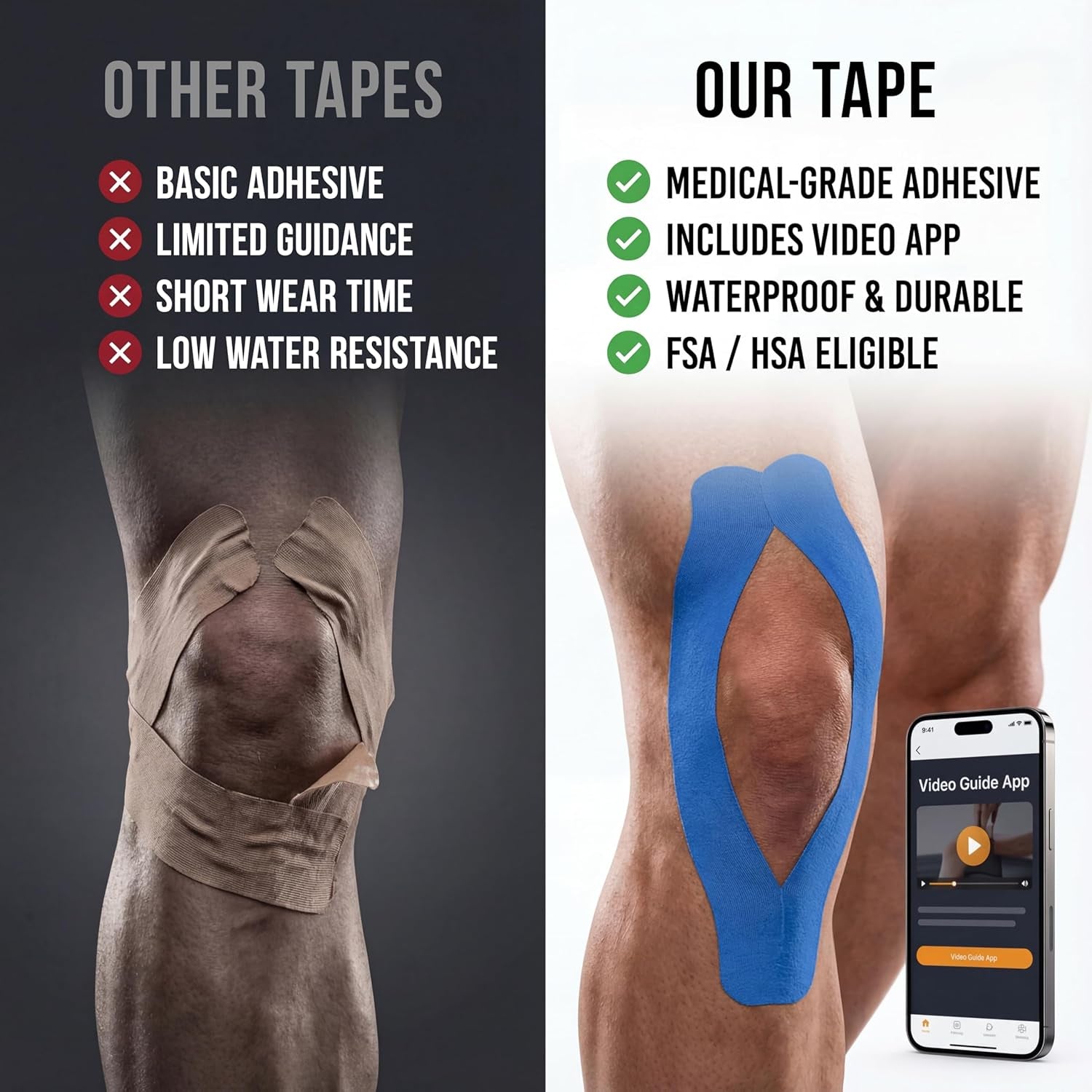 Kinesiology Tape-Incredible Support for Athletic Sports and Recovery+Free Taping Guide - Uncut 2 Inch 16.4 Feet Roll (Navy Blue + Free Taping Guide, Pack of 1)
