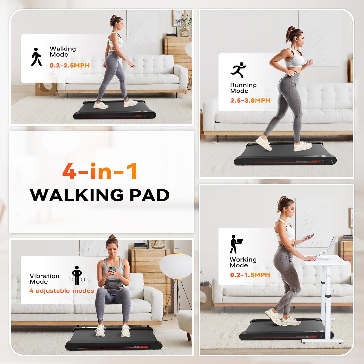 4 in 1 Walking Vibration Pad Treadmill, Walking Treadmill Pad for Home with Remote Control and APP