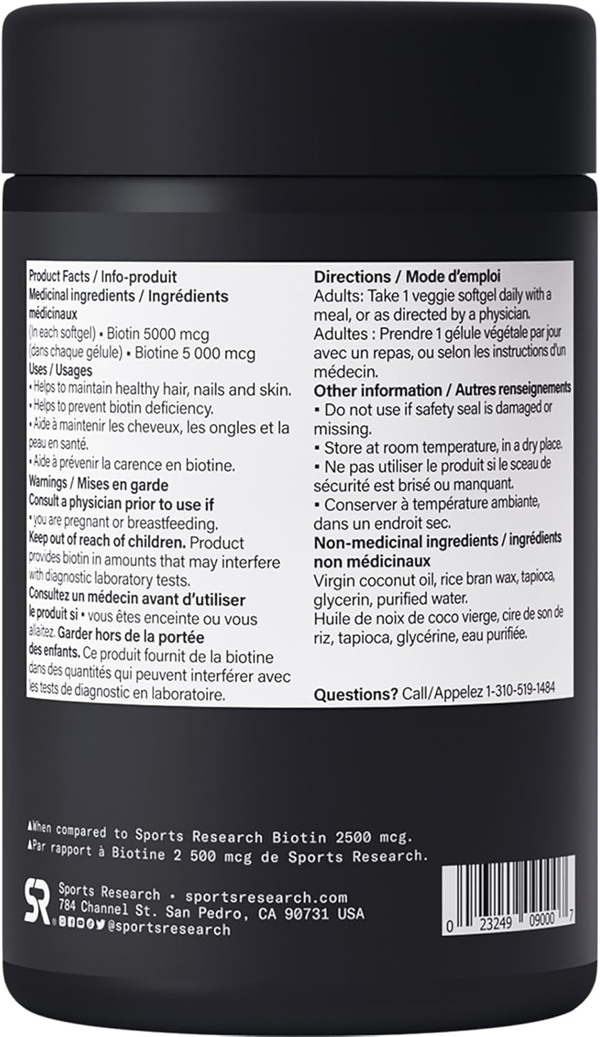 ® Extra Strength Vegan Biotin 5,000Mcg with Organic Coconut Oil - Helps to Maintain Healthy Hair, Nails and Skin - Great for Women & Men - 120 Veggie Softgels