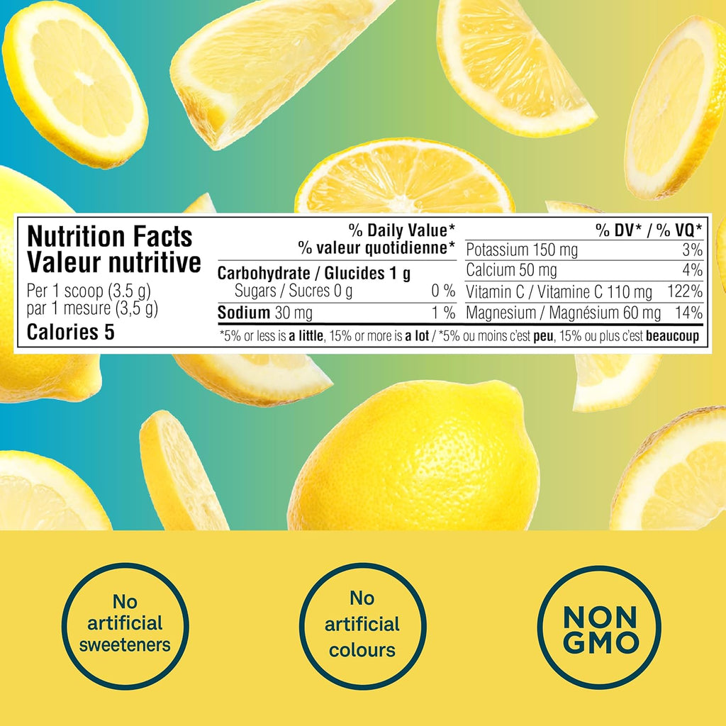 Canadian-Made Electrolytes Powder - Classic Lemonade - Sugar-Free Hydration and Electrolyte Replenishment with Prebiotics and Vitamin C - 210G - 60 Servings