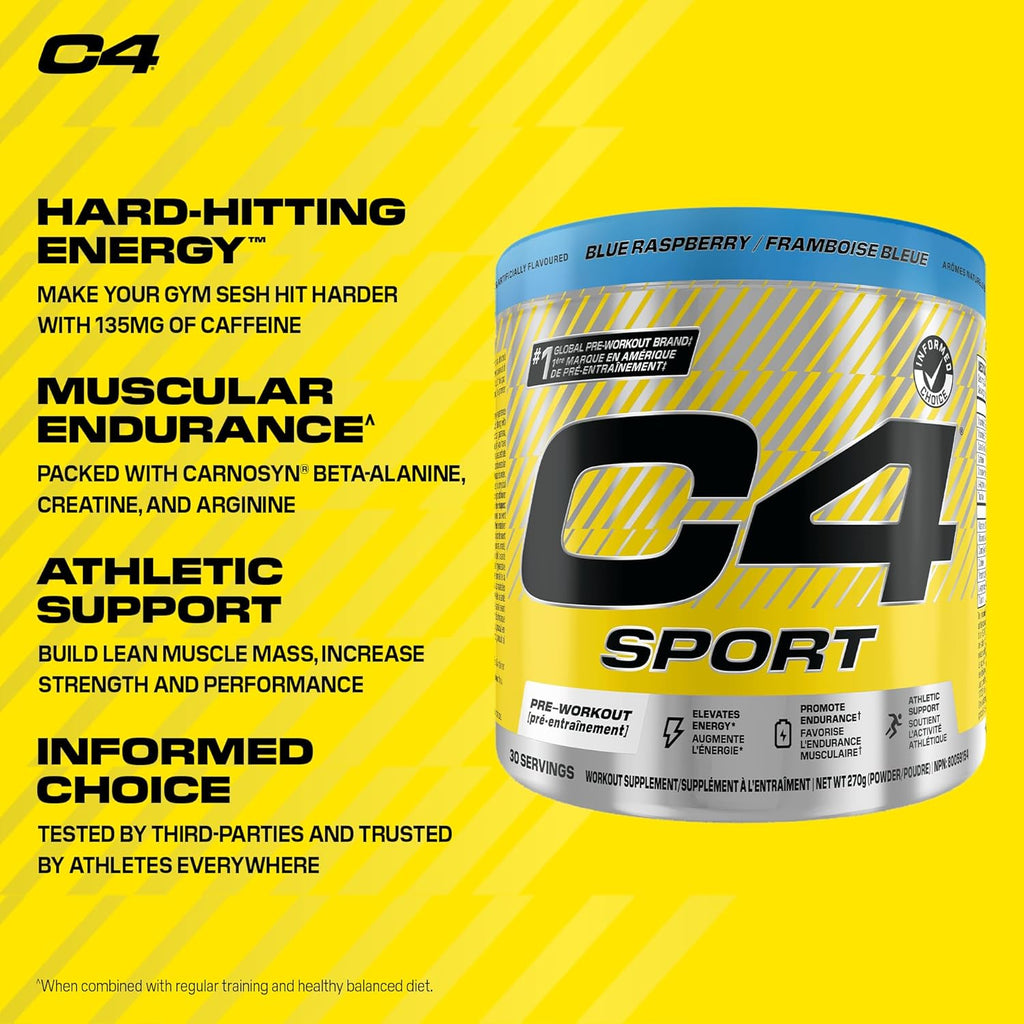 C4 Sport Pre Workout Powder - Preworkout Energy with Creatine, Beta-Alanine, and 135Mg Caffeine - NSF Certified for Sport - Blue Raspberry, 30 Servings