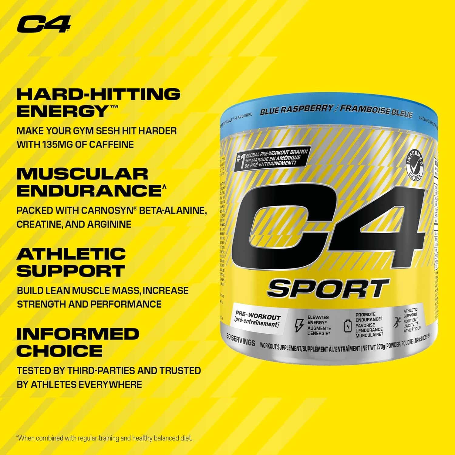 C4 Sport Pre Workout Powder - Preworkout Energy with Creatine, Beta-Alanine, and 135Mg Caffeine - NSF Certified for Sport - Blue Raspberry, 30 Servings