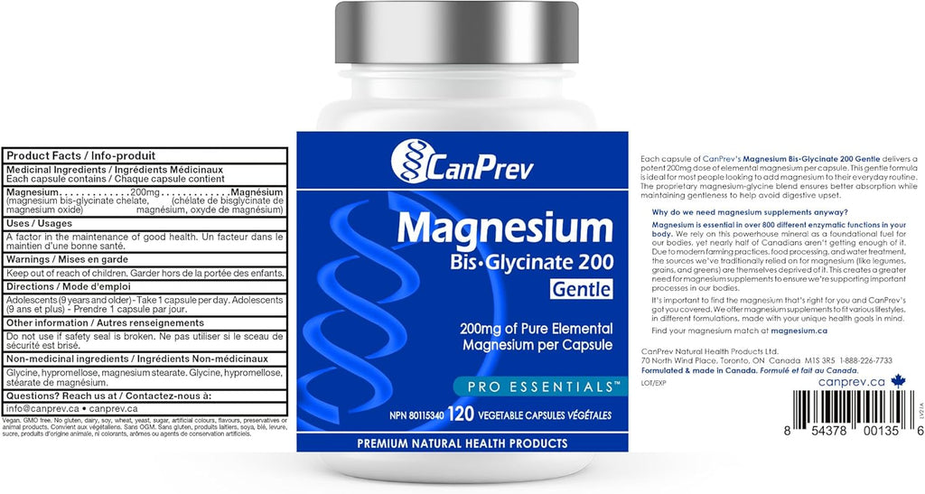Magnesium Bis-Glycinate Gentle 200Mg, 120 V-Caps 120-Day Supply - Pure Elemental Magnesium Supplement, Supports Bone and Muscle Function, Gentle on Stomach, Perfect for Daily Magnesium Needs