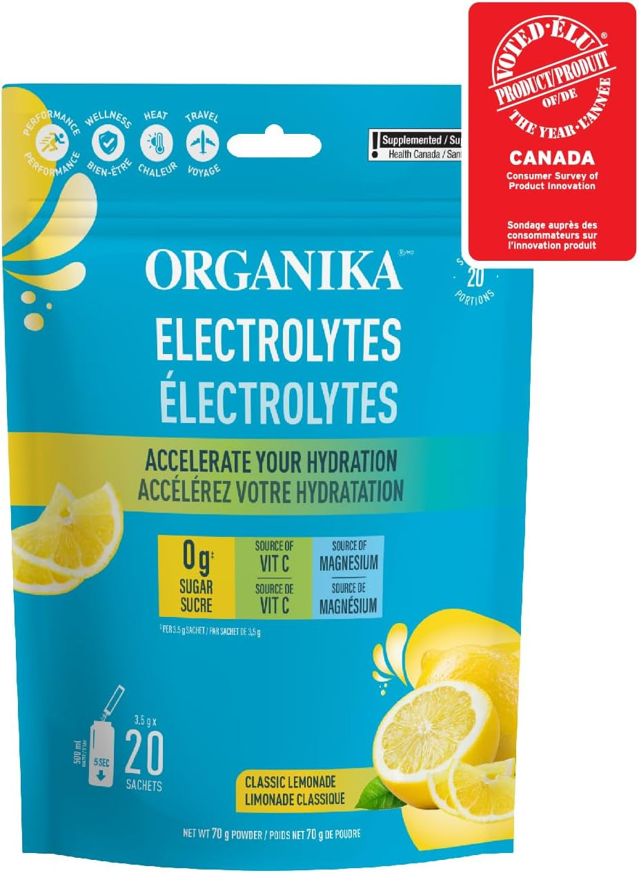Canadian-Made Electrolytes Powder - Classic Lemonade Sachets - on the Go Sugar-Free Hydration and Electrolyte Replenishment with Prebiotics and Vitamin C - 3.5G X 20Ct