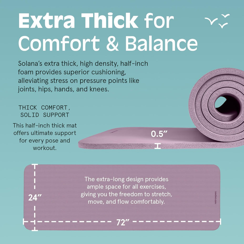 Solana Yoga Mat 1/2" Thick W/Nylon Strap for Men & Women - Non Slip Excercise Mat for Yoga, Pilates, Stretching, Floor & Fitness Workouts