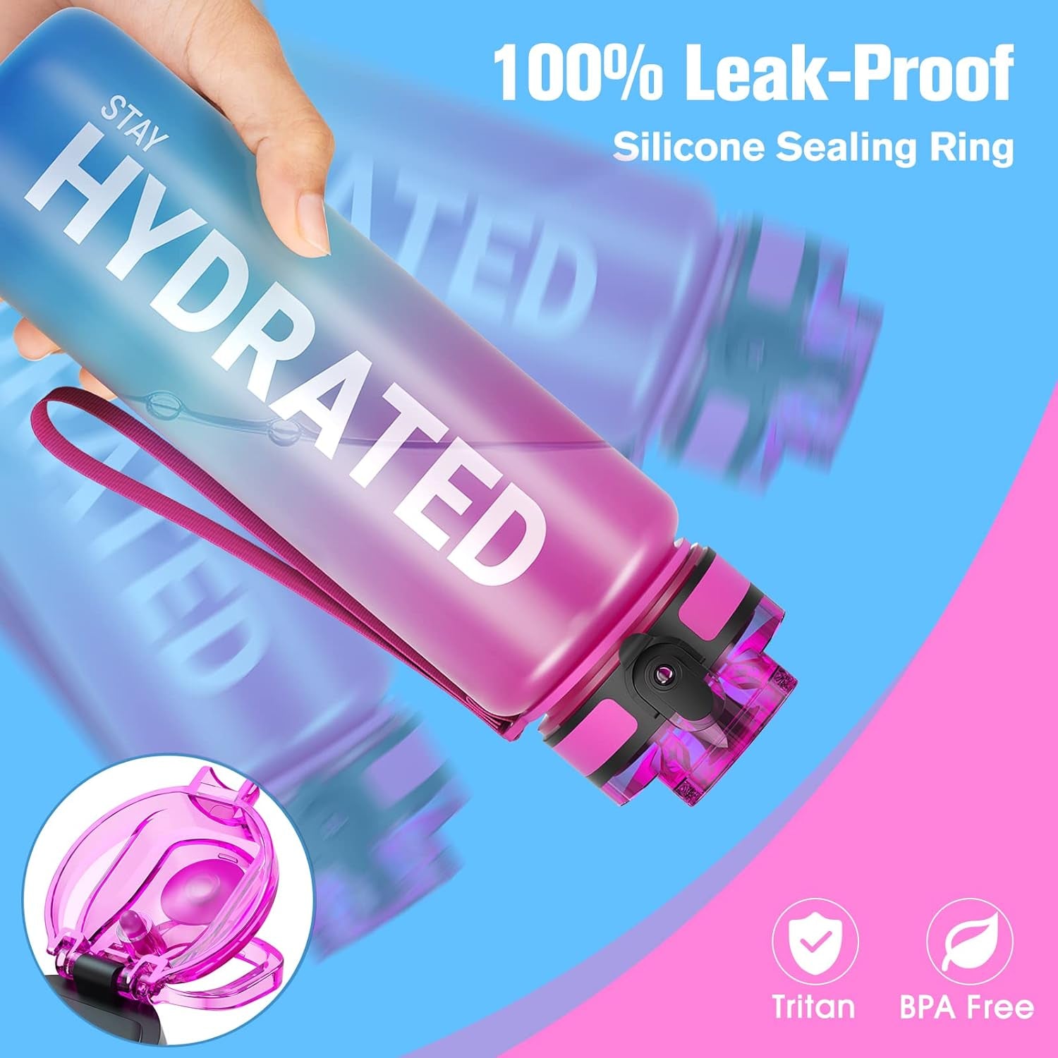 Water Bottle, 32Oz Motivational Sports Water Bottle with Time Marker - Times to Drink - Tritan, BPA Free, Wide Mouth Leakproof, Fast Flow Technology with Clean Brush (1 Bottle)