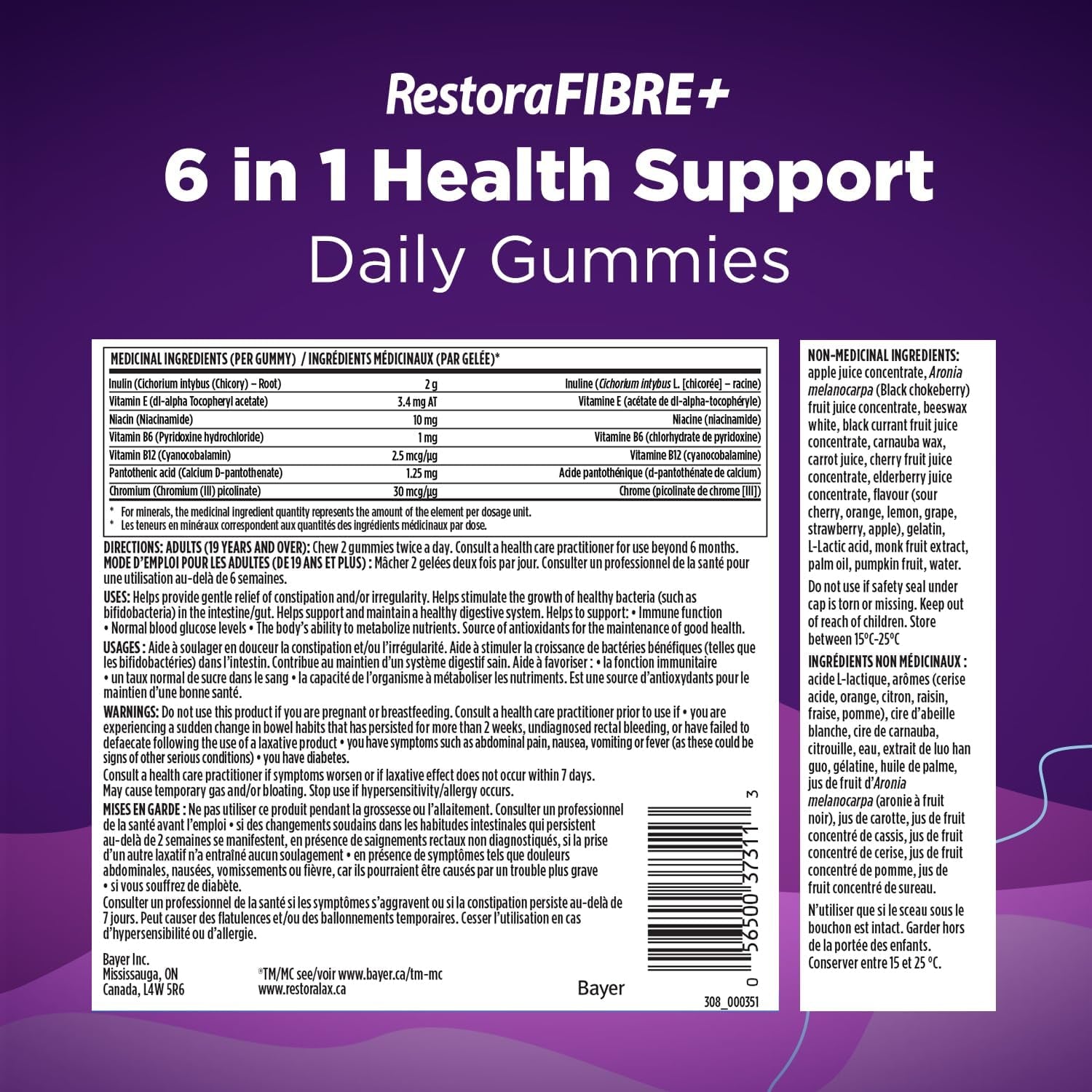 Restorafibre+ 6 in 1 Daily Prebiotic Fibre Supplement Gummies for Adults, Supports Health Benefits, Including Regularity, Gentle Constipation Relief & Healthy Immune Function with Naturally Sourced Inulin (115 Ea)