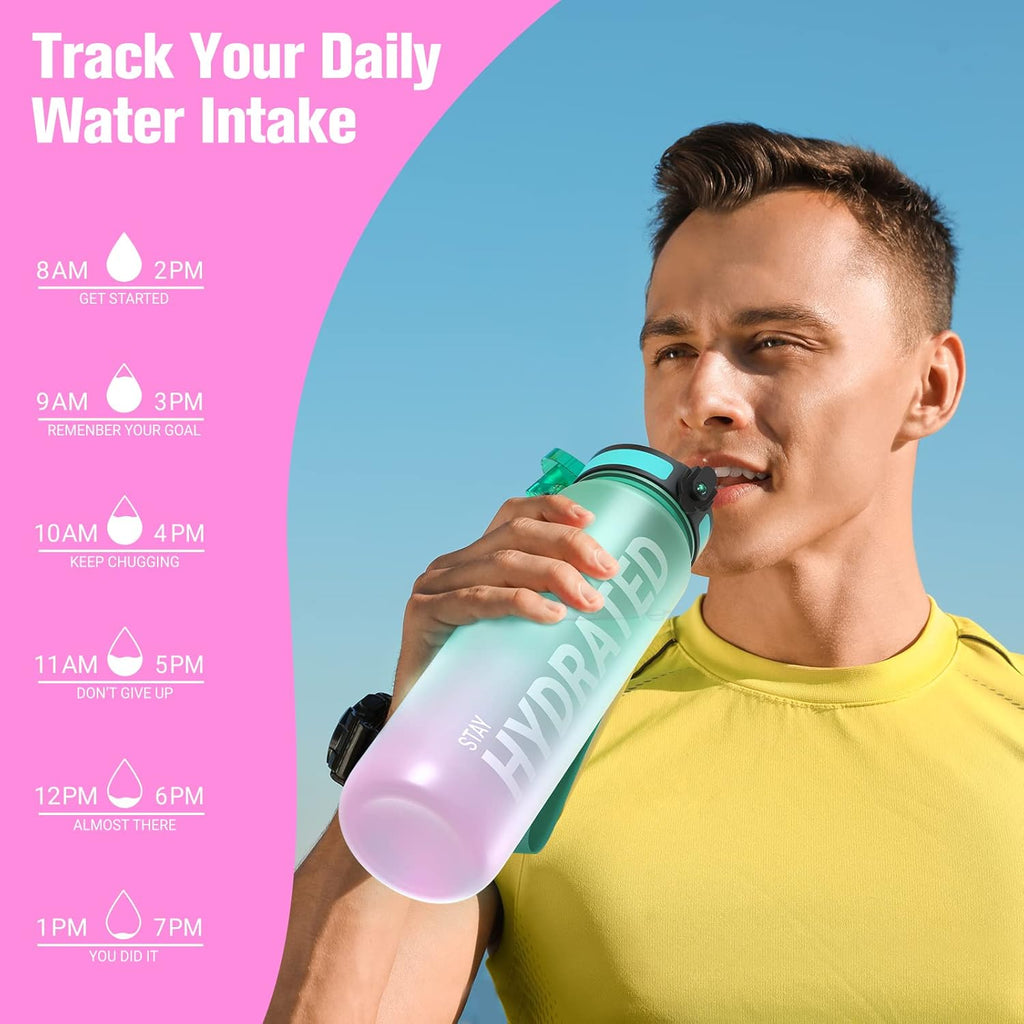 Water Bottle, 32Oz Motivational Sports Water Bottle with Time Marker - Times to Drink - Tritan, BPA Free, Wide Mouth Leakproof, Fast Flow Technology with Clean Brush (1 Bottle)