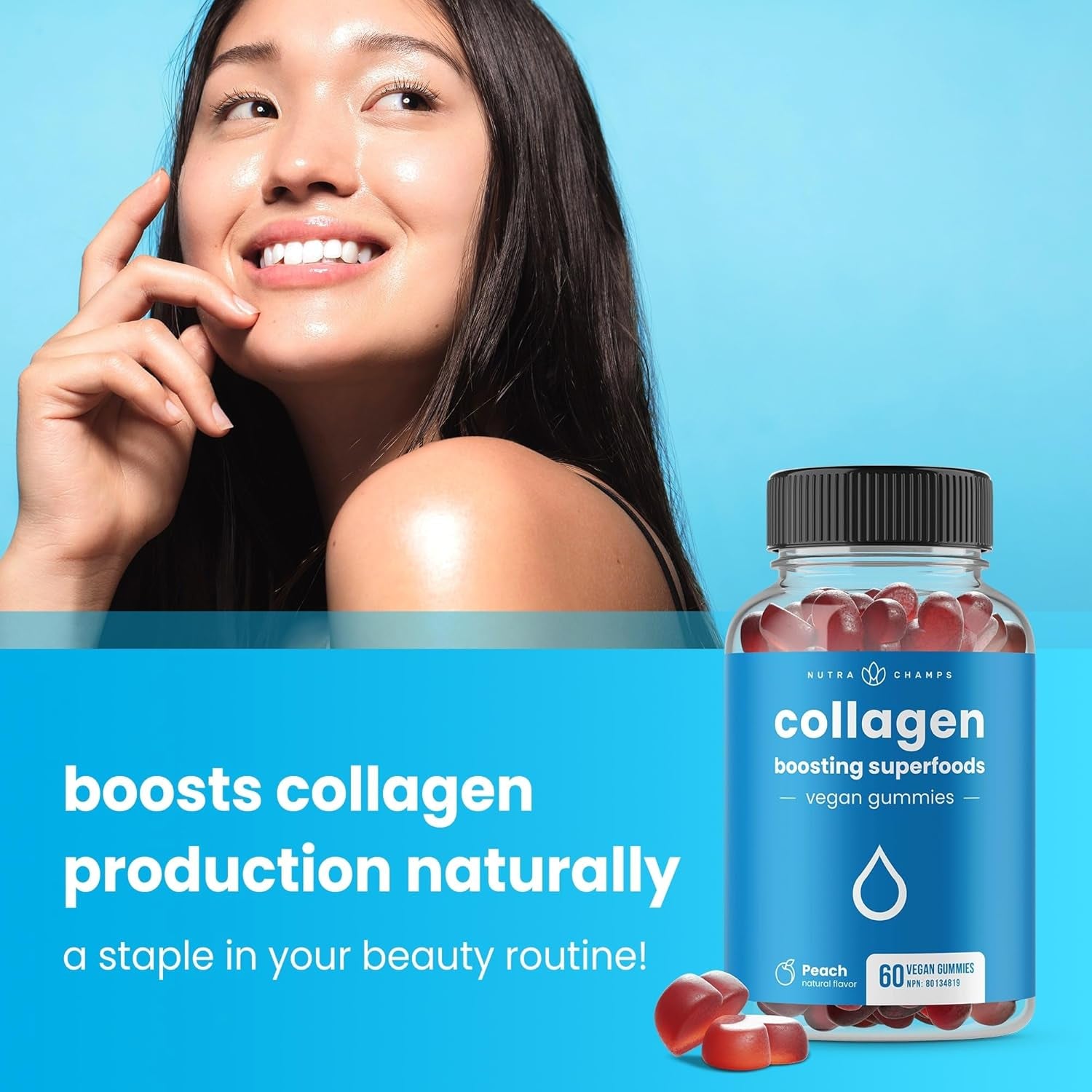 Vegan Collagen Boosting Gummies for Women & Men – Collagen Supplement with Vitamins A, C & E – Delicious Vitamins for Hair, Skin, Nail & Joint Support