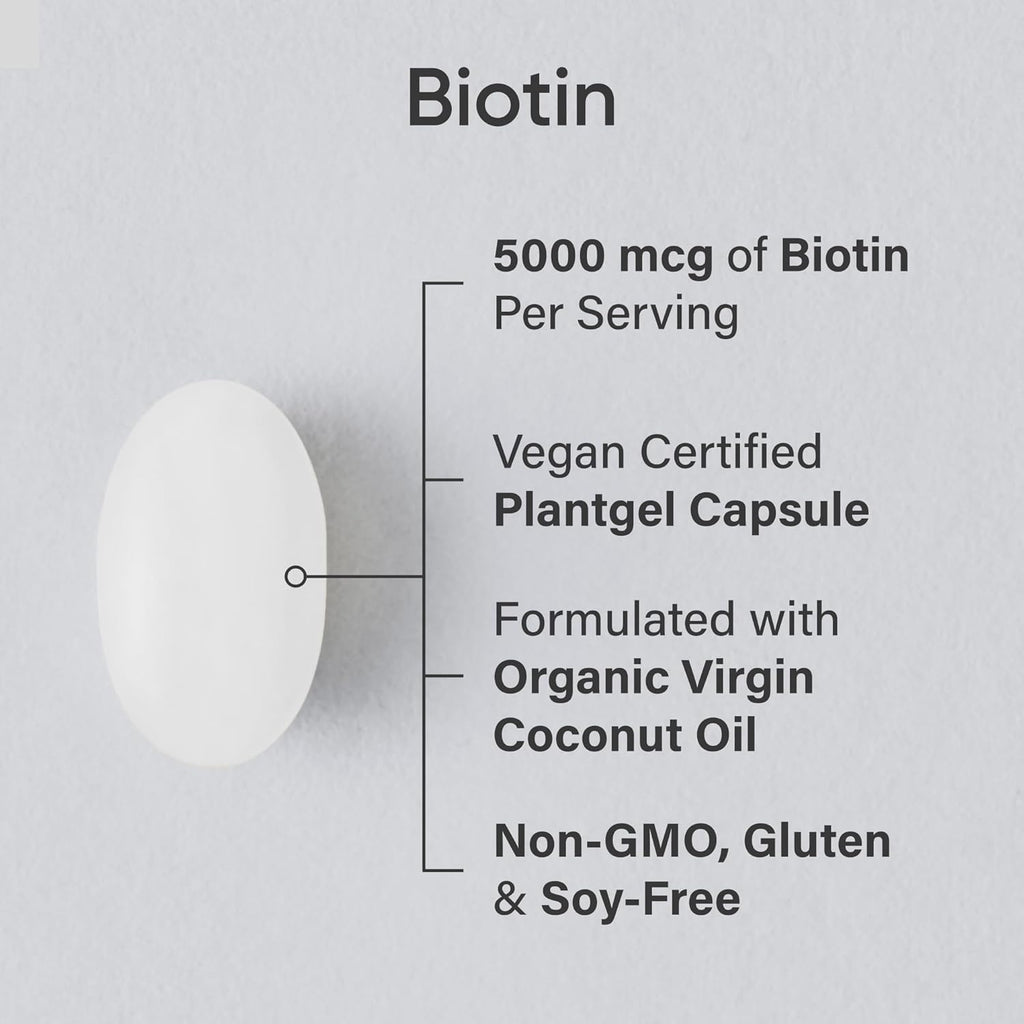 ® Extra Strength Vegan Biotin 5,000Mcg with Organic Coconut Oil - Helps to Maintain Healthy Hair, Nails and Skin - Great for Women & Men - 120 Veggie Softgels