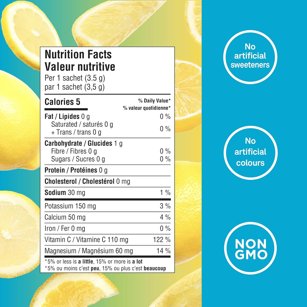 Canadian-Made Electrolytes Powder - Classic Lemonade Sachets - on the Go Sugar-Free Hydration and Electrolyte Replenishment with Prebiotics and Vitamin C - 3.5G X 20Ct