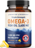 Triple Strength Omega 3 Fish Oil 3600 Mg | EPA & DHA | over 2100Mg Omega-3 Fatty Acids | 1300Mg EPA + 860Mg DHA | Best Essential Fatty Acids | Premium Wild Caught & Burpless Fish Oil | 180 Ct