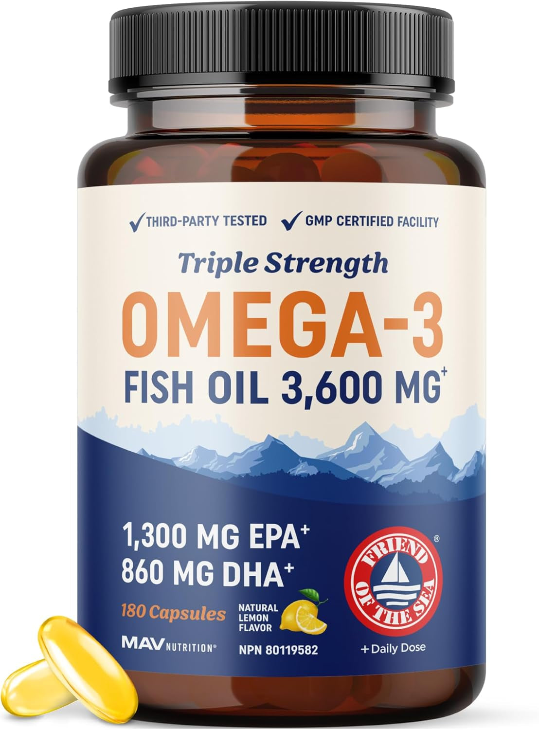 Triple Strength Omega 3 Fish Oil 3600 Mg | EPA & DHA | over 2100Mg Omega-3 Fatty Acids | 1300Mg EPA + 860Mg DHA | Best Essential Fatty Acids | Premium Wild Caught & Burpless Fish Oil | 180 Ct