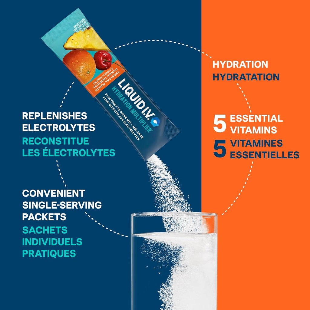 Hydration Multiplier Electrolyte Drink Mix - Enhanced Hydration Electrolyte Powder with Vitamins B3, B5, B6, B12 and C -18X On-The-Go Sticks for Workout and Travel - Tropical Punch