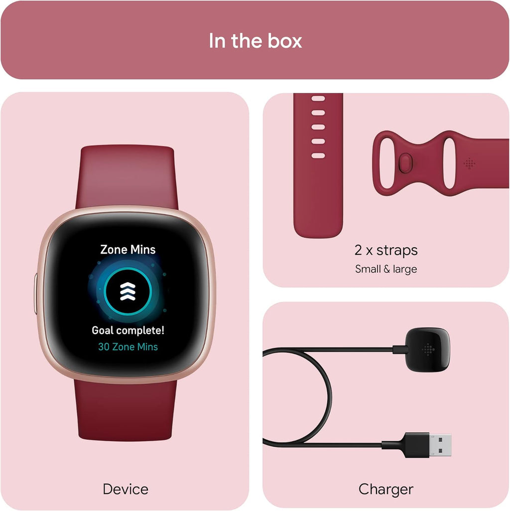 Google  Versa 4 Fitness Smart Watch for Men and Women with Daily Readiness,Gps,24/7Heart Rate,40+ Exercise Modes,Sleep Tracking and More, Beet Juice/Copper Rose,One Size (S and L Bands Included)