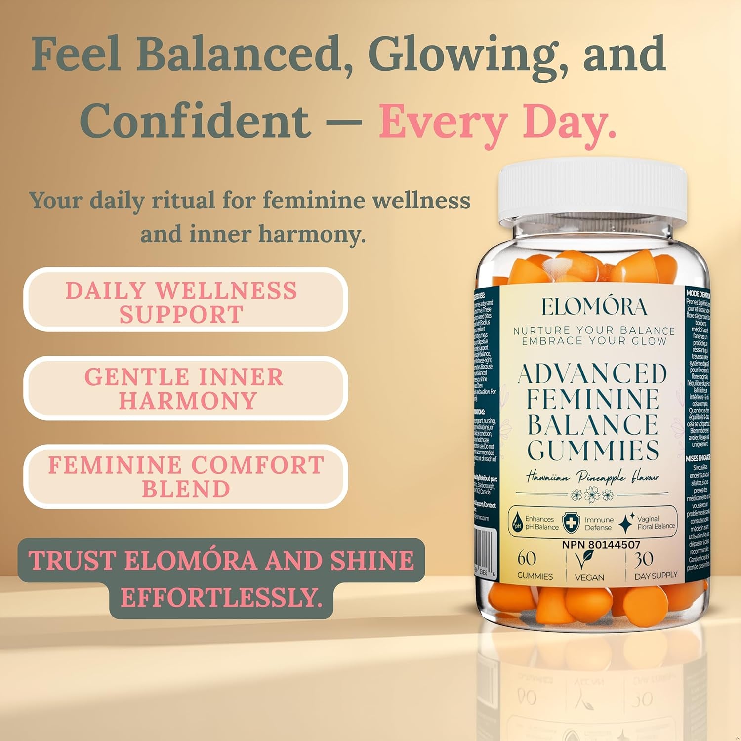 Feminine Balance Gummies – Proudly Canadian Premium Vegan, Probiotic + Vitamin C – Sugar-Free, Refreshing Pineapple Flavor – Supports Women’S Ph, Gut & Immune Health Naturally – Non-Gmo, Gluten-Free, 60 Delicious Gummies