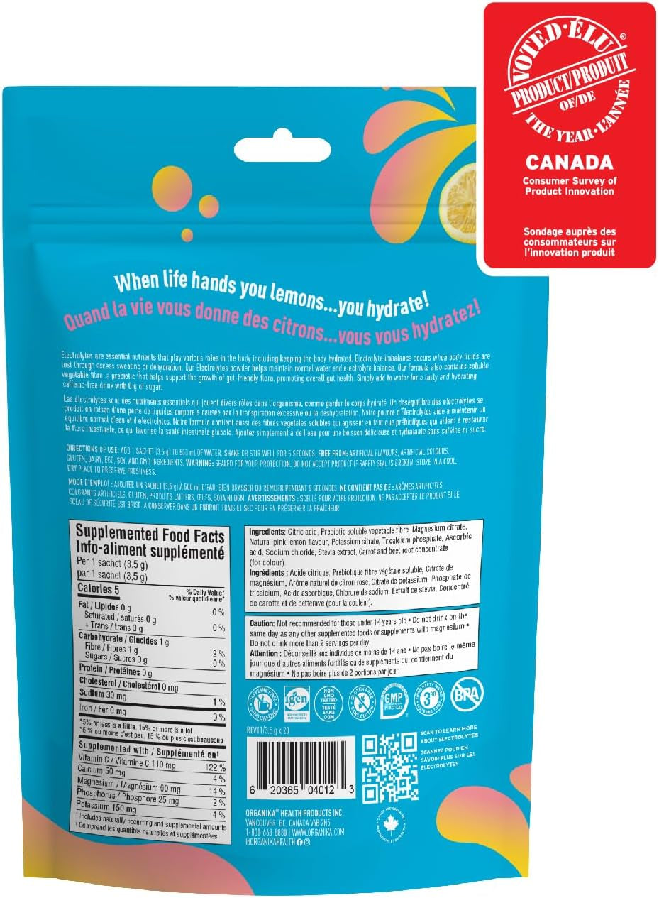 Canadian-Made Electrolytes Powder- Pink Lemonade Sachets- on the Go Sugar Free Hydration and Electrolyte Replenishment with Prebiotics and Vitamin C 3.5G X 20Ct