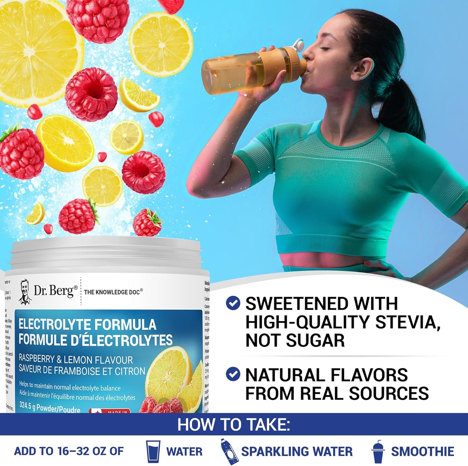 Dr. Berg Electrolytes Powder No Sugar - Enhanced W/ 1000 Mg of Potassium & Real Sea Salt - Zero Sugar Electrolyte Powder - Raspberry & Lemon Flavor Hydration Powder Electrolytes - 50 Servings