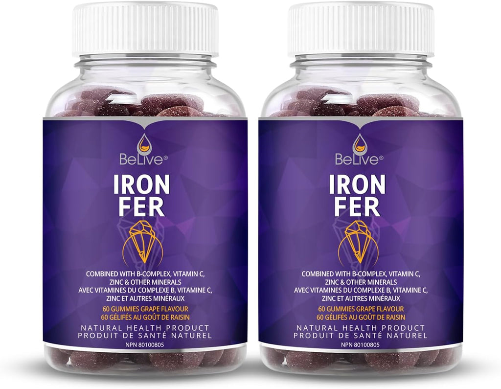 Iron Gummies Supplement with Vitamin C, A, Vitamins B Complex, Folate, Multivitamins for Women, Kids & Adults - Supports Energy, No after Taste, Vegan Supplements - Grape Flavor (120 Ct)