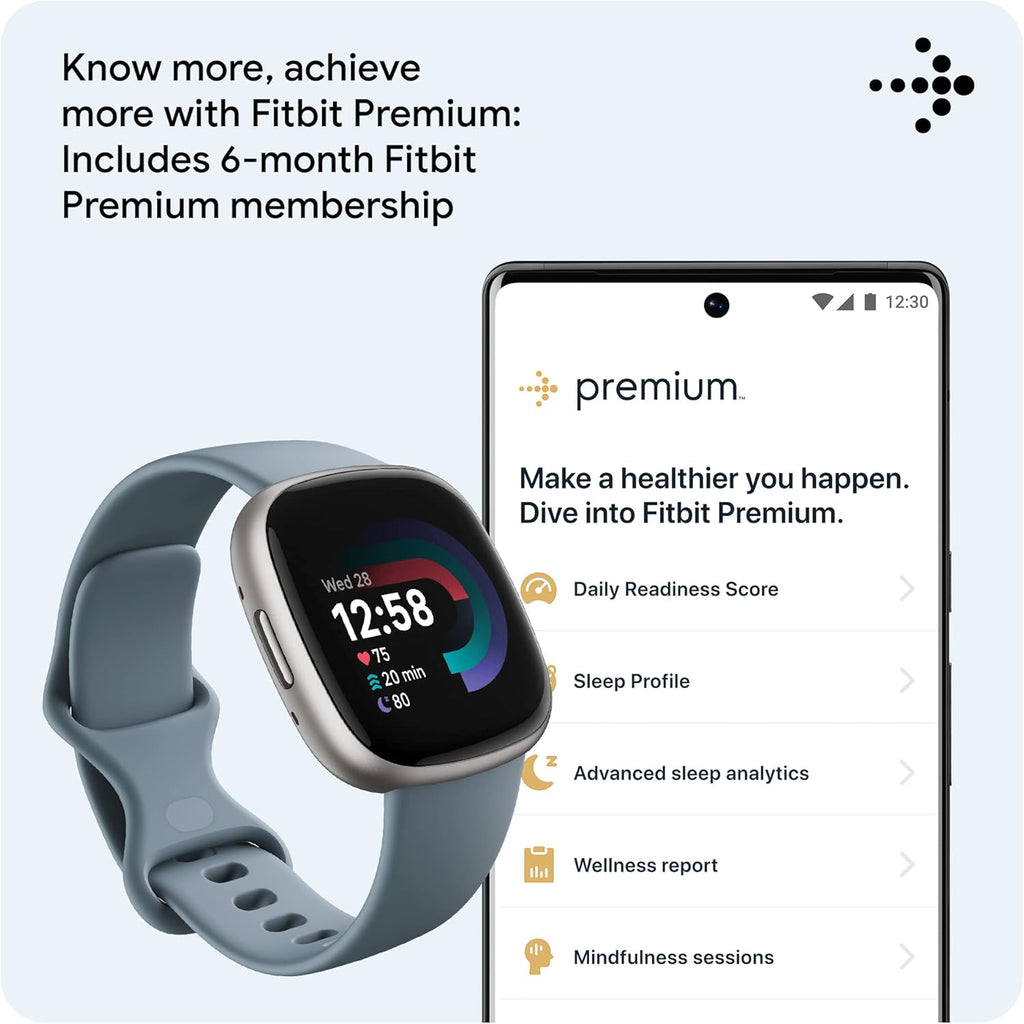 Google  Versa 4 Fitness Smartwatch with Daily Readiness, Gps, 24/7 Heart Rate, 40+ Exercise Modes, Sleep Tracking and More, Waterfall Blue/Platinum, One Size (S and L Bands Included)