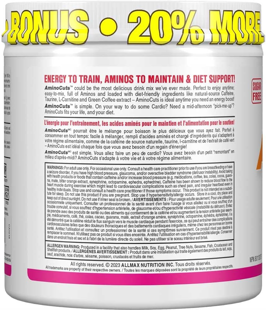- AMINOCUTS (A:CUTS) - Weight-Management BCAA (L-Carnitine + Taurine + Green Coffee) - Pink Lemonade -Dye Free- 252 Gram - 36 Servings, 252-Gram