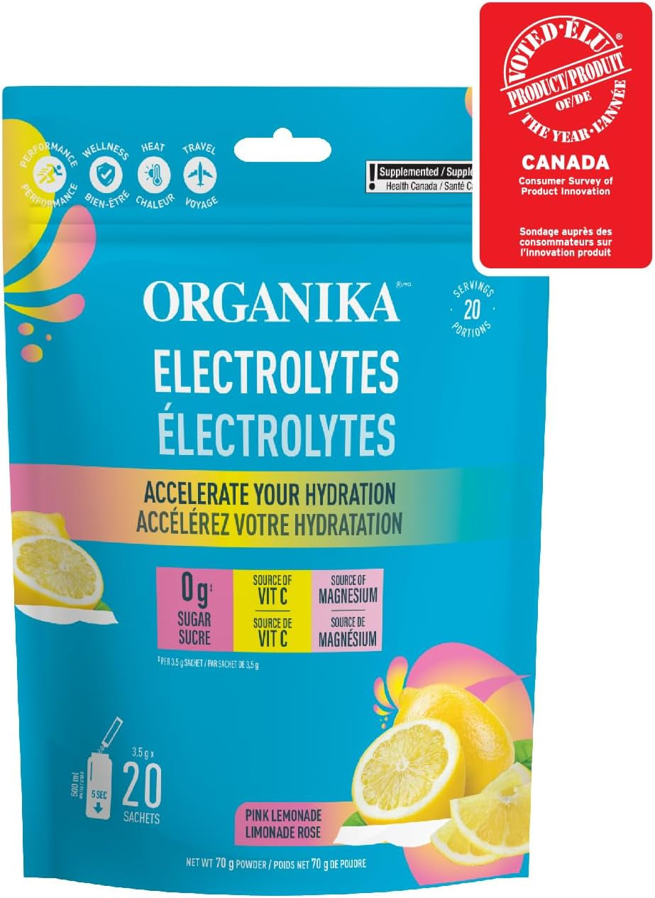 Canadian-Made Electrolytes Powder- Pink Lemonade Sachets- on the Go Sugar Free Hydration and Electrolyte Replenishment with Prebiotics and Vitamin C 3.5G X 20Ct